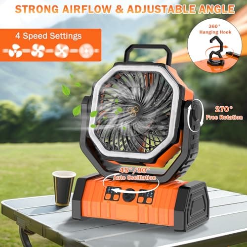 Camping Fan Rechargeable, 20000mAh Large Battery Powered Fan, 4Speed Rechargeable Fan Portable with Remote, Battery Operated Fans with LED Light and Hanging Hook, Cordless Fans for Tent Picnic Outdoor