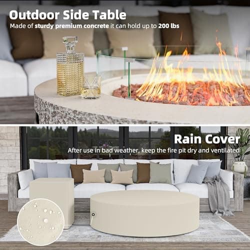 UPHA 42-inch Outdoor Propane Gas Fire Pit Table 50000 BTU Concrete Rectangle FirePit for Outside Patio with Propane Tank Cover, Wind Guad, Lava Rocks, Rain Cover, Beige Texture
