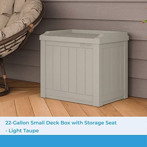 Suncast Small Deck Box-Lightweight Resin Indoor/Outdoor Storage Container and Seat Cushions and Gardening Tools Store Items on Patio, Garage, Yard, 22 Gallon, Light Taupe