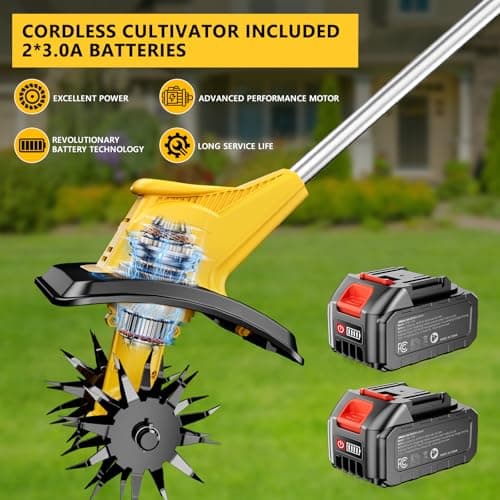 21V Cordless Tiller Cultivator, 360 Max RPM Cordless Electric Garden Tiller with 2 * 3.0 Ah Battery & Fast Charger, 9.06" Tilling Width, 6.3" Depth, Portable Rotary Tiller for Lawn Soil Cultivation