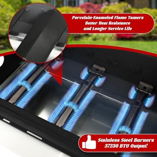 3-Burner Propane Gas Grill with 2 Foldable Side Tables, 25,650 BTU Outdoor BBQ Grill with Porcelain-Enameled Flame Tamers, Built-in Thermometer, Easy Assembly for Patio, Backyard BBQ