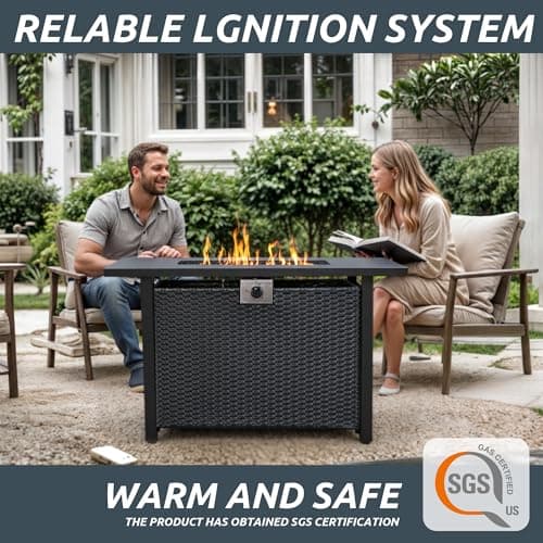 Propane Fire Pit Table,Out Door Fire Pits & Fireplaces,Gas Fire Pit with Lid and Lava Rock.Square Black Fire Pit Table on Patio Deck & Garden Backyard. (Raven‌ Black, 43-inch)