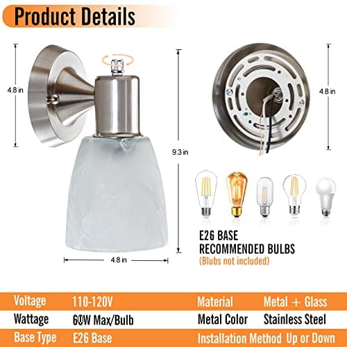 Wall Sconces Set of 2, Brushed Nickel Vanity Lights for Bathroom, Modern Wall Light Fixtures with Rotary Switch, Wall Mount Light with Frosted Glass, Farmhouse Wall Lamp for Bedroom Living Room