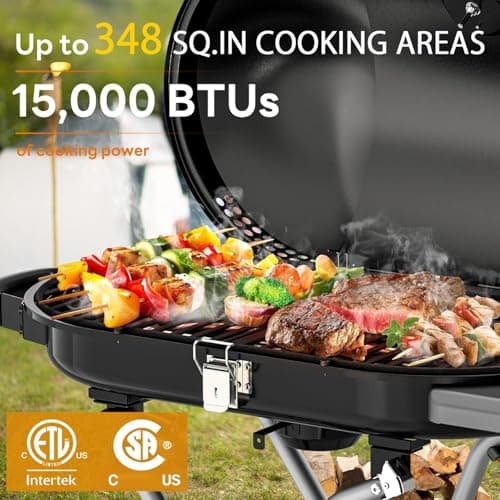 Portable Propane Gas Grill, 15,000 BTU Foldable Outdoor Grill with 348 Sq. In. Grilling Area for Camping, BBQ, Parties, Backyard, Beach Outings