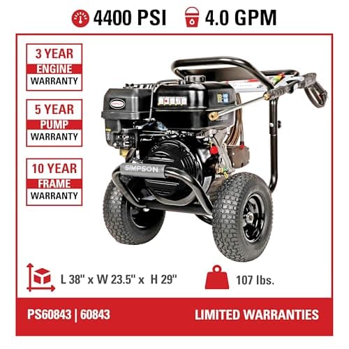 SIMPSON Cleaning PS60843 PowerShot 4400 PSI Gas Pressure Washer, 4.0 GPM, CRX 420cc Engine, Includes Spray Gun and Extension Wand, 5 QC Nozzle Tips, 3/8-inch x 50-foot Monster Hose, 49-State
