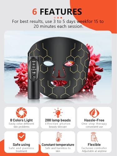 Red Light Therapy Mask for Face, 8 Mode Facial Skin Care Mask, 288 Lamp Red Light Therapy Mask at Home, 660nm&850nm Infrared Light Therapy Mask with Timer Remote Control, Relife