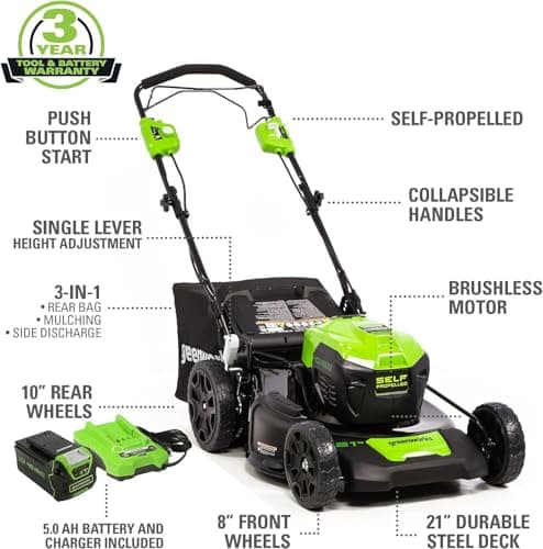 Greenworks 40V 21" Self-Propelled Lawn Mower,Axial Leaf Blower(500 CFM / 120 MPH),13" String Trimmer with 2 Batteries(5Ah+2Ah) & Chargers