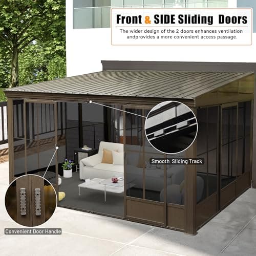 Domi 10'x12' Wall Mounted Sunroom Kit, Small Patio Solarium All Season, Aluminum Enclosed Gazebo with Galvanized Steel Roof, 2 Sliding Doors, Removable PVC Screen, Lean to Sun Room for Backyard, Deck