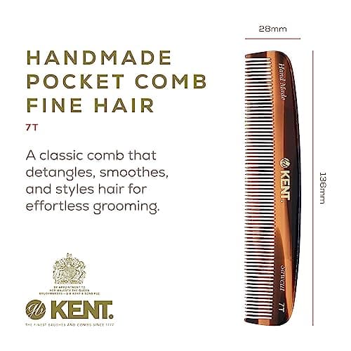 Kent 7T Handmade All Fine Tooth Pocket Comb for Men, Hair Comb Straightener for Everyday Grooming Styling Hair, Mustache and Beard, Use Dry or with Balms, Saw Cut and Hand Polished, Made in England