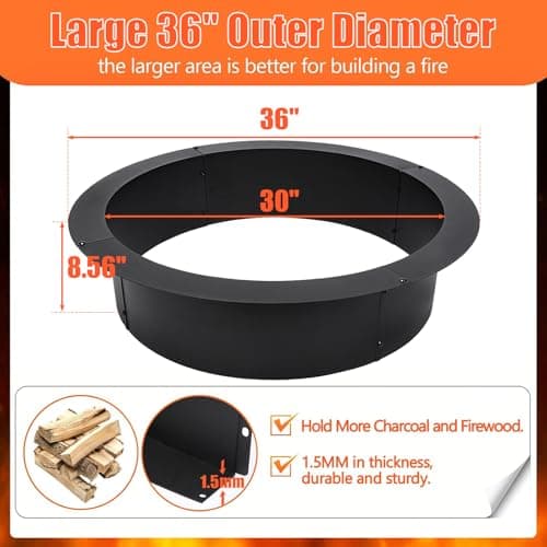 QuliMetal 36-Inch Steel Fire Pit Ring Insert, DIY Campfire Ring Above or In-Ground, Black