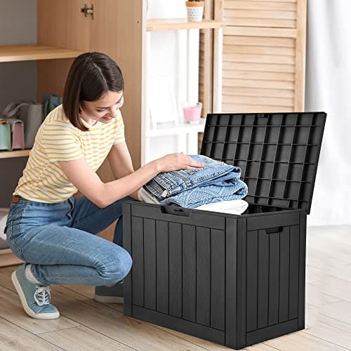 YITAHOME 30 Gallon Deck Box Outdoor Storage Box, Waterproof Resin Package Delivery and Storage Box with Lockable Lid for Patio Furniture Cushions, Pool Accessories, Garden Tools, Black