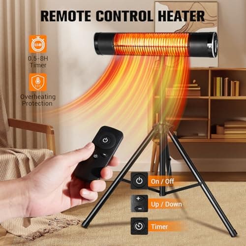 Outdoor Electric Heater, 1500W Outdoor Heaters for Patio, Tripod Mounted Infrared Heaters with Remote, Radiant Patio Heater with 3 Heat Settings, 8H Timer for Outdoor, Garage, Yard
