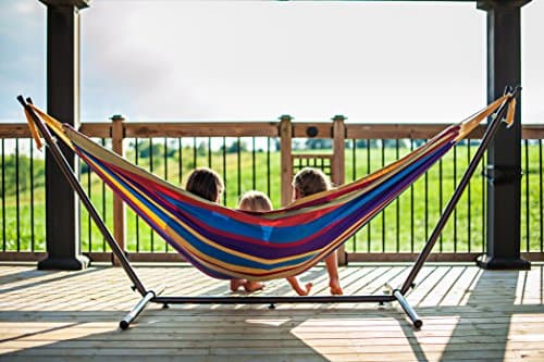 Vivere Double Cotton Hammock with Space Saving Steel Stand, Upgraded Polyester End Strings 450 lb Capacity - Premium Carry Bag Included - USA Grown Cotton (Tropical)