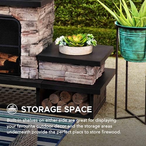 Sunjoy Outdoor Fireplace, Patio Wood Burning Fireplace with Steel Chimney, Mesh Spark Screen Doors, Fire Poker, and Removable Grate, Black