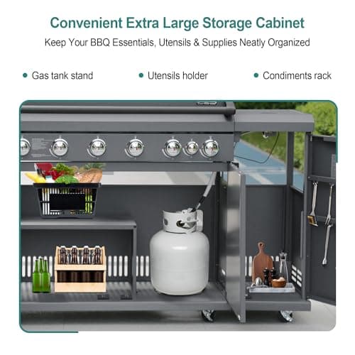 Brand-Man 6 Burner Gas Outdoor Kitchen Island Grill - 72,000 BTU Stainless Steel BBQ Grill Station with Side Burner, Storage Cabinets, Fold-out Prep Table, LPG/NG Convertible, Gray