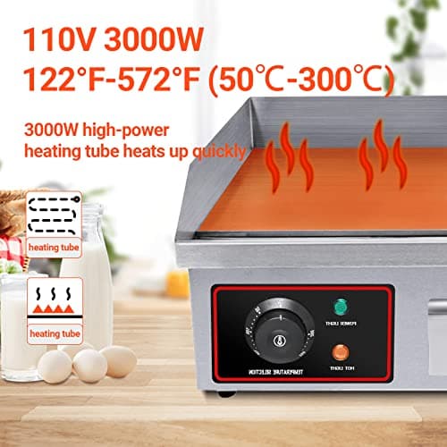 22" Electric Countertop Flat Top Griddle 1600W 110V Non-Stick Commercial Restaurant Teppanyaki Grill Stainless Steel Adjustable Temperature Control 50~300℃