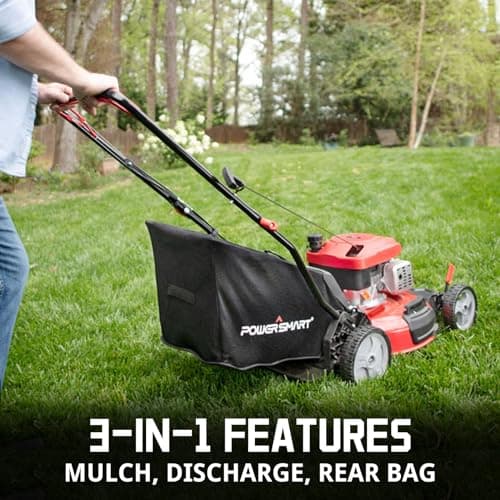 PowerSmart Gas Lawn Mower 21-inch with 144cc OHV Engine 3-in-1 Push Mower with Bagging, Mulching, Side-Discharge, 6-Position Height Adjustment