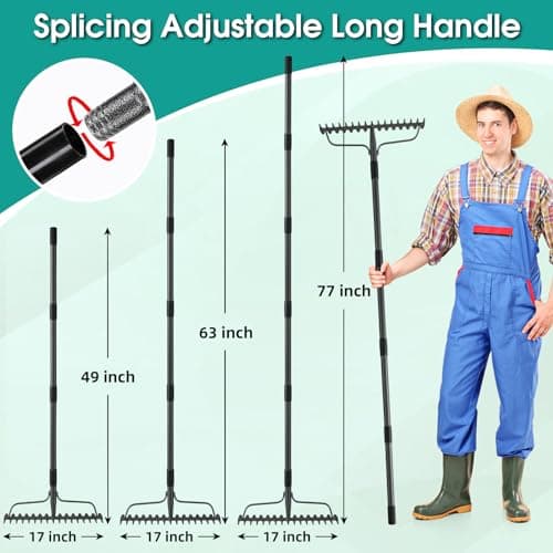 Rake, 49 Inch Garden Bow Rake with 17 Tines, Heavy Duty Raking Tool for Gardening Landscaping Loosening Soil Leveling Mulching Gravel Gathering Leaf Thatch Lawn Care