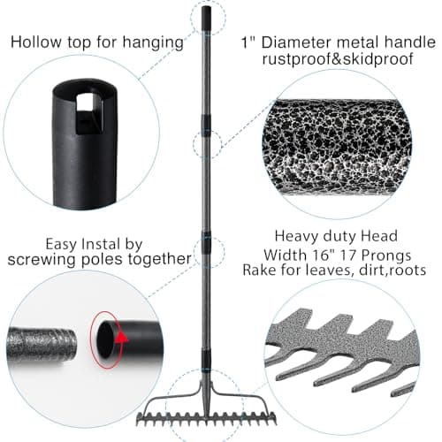 Thatch Rakes for Lawns, Heavy Duty Metal Garden Rake with 17 Prongs, Adjustable Yard Rock Rake for Gardening Loosening Soil, Long Handle 60 Inches