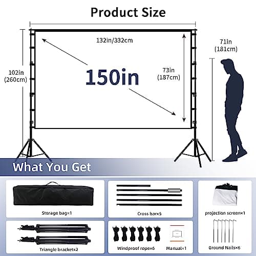Projector Screen with Stand, Wootfairy 150 inch Portable and Foldable Projection Screen 4K HD 16:9 Rear Front Wrinkle-Free Movie Screen with Carry Bag for Indoor Outdoor Home Theater Backyard Cinema