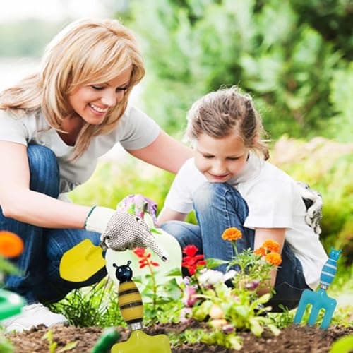 Kids Gardening Tool Sets Strip Bee Handle, 6 Pieces (Blue+ Yellow), Sandbox Play Beach Shovel and Toy Graden Hand Tool