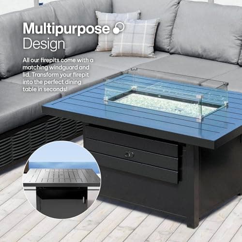 42-Inch Square Propane Gas Fire Pit Table: 50,000 BTU Aluminum Slat Top w/Lid, Stainless Steel Burner, Windguard, 8KG Glass Beads, 300D PVC Cover, CSA-Listed