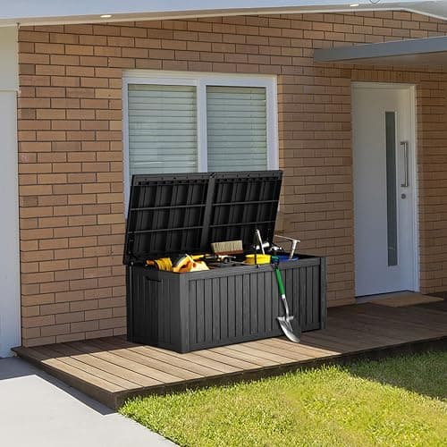 150 Gallon Lockable Resin Deck Box, Waterproof & UV-Resistant Outdoor Storage Box for Cushion Storage and Delivery, Black