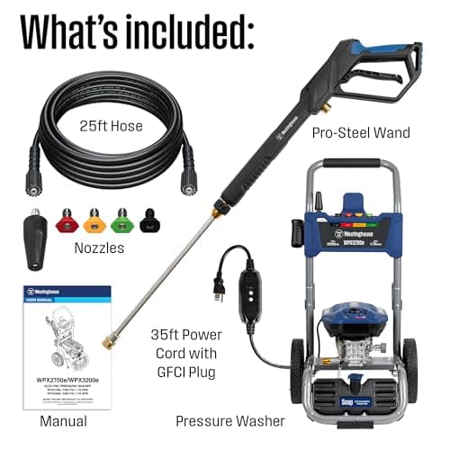 Westinghouse WPX3200e Electric Pressure Washer, 3200 PSI and 1.76 Max GPM, Induction Motor, Onboard Soap Tank, Spray Gun and Wand, 5 Nozzle Set, for Cars/Fences/Driveways/Homes/Patios/Furniture, Blue