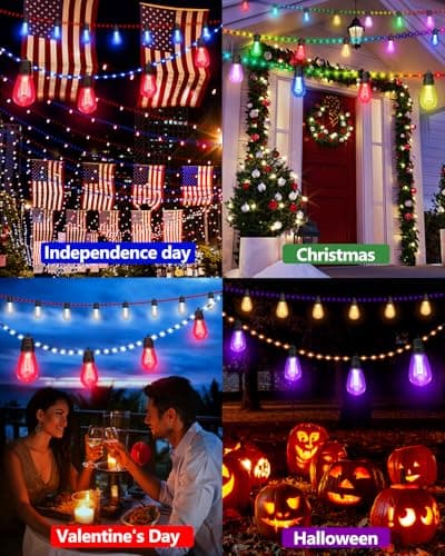 Flacchi Smart Patio Lights with Rope Fairy - 46ft Smart S14 String Lights, Waterproof Shatterproof Bluetooth APP Remote Control Dimmable for Balcony, Backyard, Party, Holiday (RGB & Warm White)