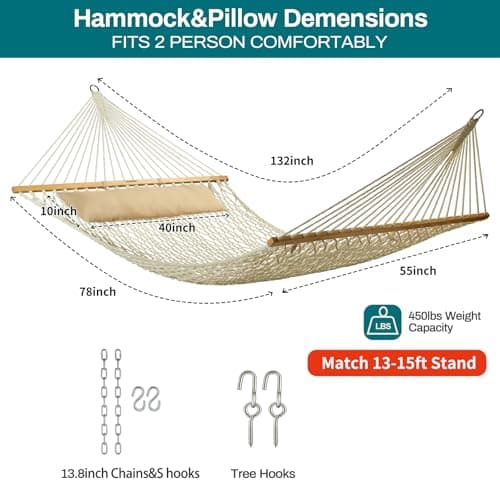 JoyView Traditional Rope Double Hammock - Hand Woven Cotton Hammock with Hardwood Spreader Bar and Pillow 450lb Capacity for Outdoor Indoor Patio Yard - Natural