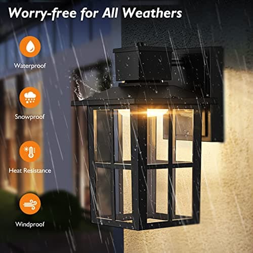Brightever LED Outdoor Wall Lights, 10W 3000K/4000K/6500K Selectable, 800LM High Brightness Black Exterior Light Fixture with Clear Glass Shade, Waterproof Outdoor Wall Lanterns for Patio, 1 Pack