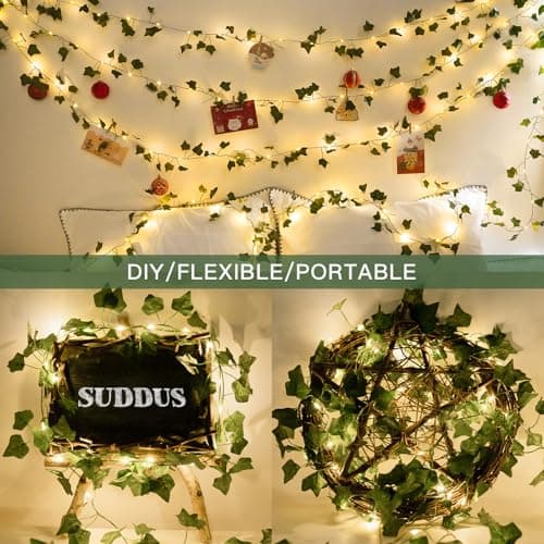 suddus Vine with Fairy Lights Battery Operated, 33ft 100 LED Ivy String Lights with Remote, Leaf Lights for Bedroom, Room, Wall, Garden, Party, Wedding Decor (Warm White)