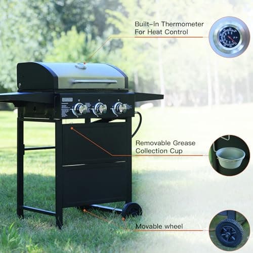 Grill Propane 3 Burner Gas Outside, Bbq with Thermometer, Patio grill For Small gatherings, asadores de gas 30000 BTU. Barbecue grill with Foldable Rack.
