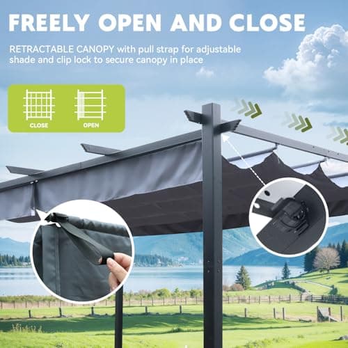 EROMMY Outdoor Retractable Pergola 10' x 13', Outdoor Aluminum Freestanding Shelter with Adjustable Sun Shade Canpoy for Patios, Dark Gray