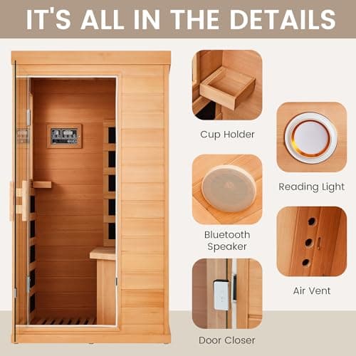 1 Person Infrared Sauna, Full Spectrum Mini Sauna for Home, Indoor Dry Sauna with 4 Heater Panels, Bluetooth Speaker, Tempered Glass Door, Compact and Easy to Use, 110V
