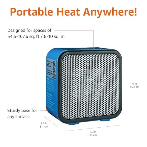 Amazon Basics Ceramic Space Heater, Mini Heater for Office Desk, Portable Tent Heater for Camping (Indoor Use), 500 W, With Tip-Over Protection, Lightweight (1.4 LBS), Blue, 5.9 x 3.2 x 6 inches