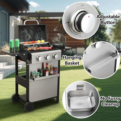 3 Burner Small Propane Gas Grill with Porcelain-Enameled Grates & Thermometer, Stainless Steel BBQ Grill 25650 BTU with Folding Side Tables for Outdoor Cooking Kitchen, Garden, Patio