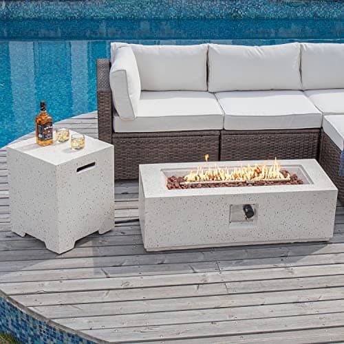 COSIEST 2-Piece Outdoor Propane Fire Pit Table Set w Tank Table, 42" Terrazzo Rectangle Fire Table (CSA Certified, 50,000 BTU) w 16" Tank Cover Side Table, Waterproof Cover for Garden, Pool, Backyard