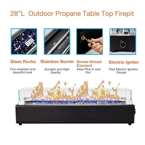 28-inch Table Top Propane Fire Pit, 40,000 BTU Tabletop Firepit for Patio, Outdoor Portable Fireplace Rectangular Fire Bowl w/Wind Glass Shield, Glass Rocks - Black