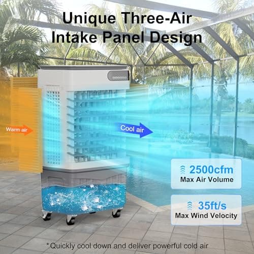 MEPTY 2500CFM Swamp Cooler Air Conditioner, 3-IN-1 Evaporative Air Cooler with 8Gal Tank, 120°Oscillation, 12H Timer, Remote Control, 3 Speeds, Outdoor Cooling Fan for Patio, Garage, Porch,Indoor Use