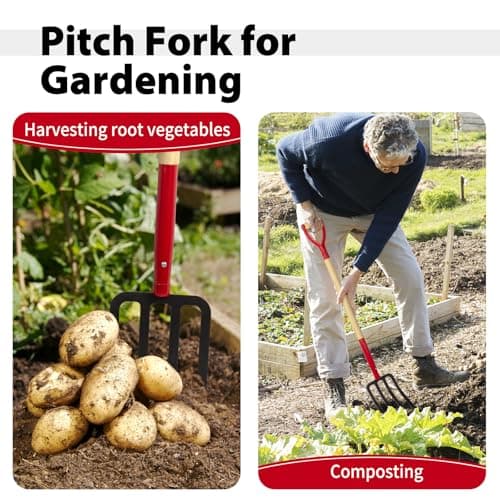 Heavy Duty Garden Fork for Digging, 4 Tines Pitch Fork for Gardening Compost, Garden Pitch Fork with Wooden Handle, 45 Inches