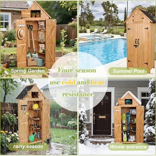 Wooden Outdoor Storage Shed with Double Doors,70” Tall Waterproof Storage Shed with Lock,Sheds & Outdoor Storage with Windproof Tipping for Deck,Backyard Garden and Yard