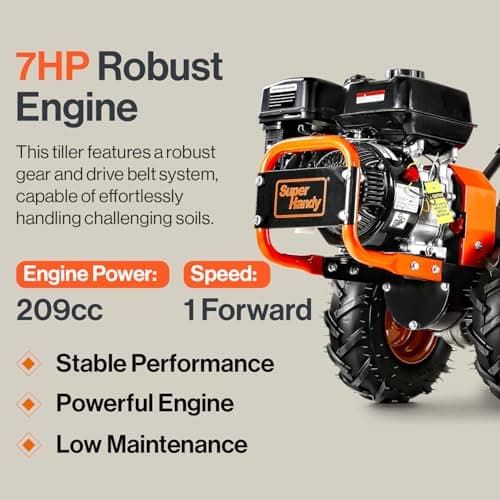 SuperHandy Tiller Cultivator – 7HP 209cc Engine, Adjustable Tilling Width & Depth, Heavy-Duty Steel Tines for Garden Soil Prep, Landscaping & Weed Removal (Rear Tine Tiller)
