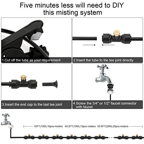 Misting Cooling System, DIY 33FT(10M) Misting Line +10 Brass Mist Nozzles+ a Brass Connector(3/4'') Outdoor Mister System for Patio Waterpark Garden Trampoline Greenhouse