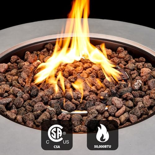 Outdoor Propane Fire Pit Table - 31.5 Inch Concrete Round Fire Table Bowl 50,000 BTU Gas FirePit Burner with Steel Lid, Lava Rocks, Rain Cover for Outside Patio, Backyard, Party