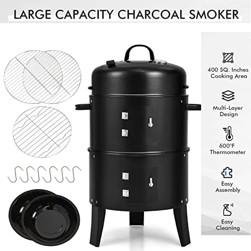 Giantex 3-in-1 Outdoor Smoker Grill, Portable Charcoal BBQ Grill with Smoker Combo, Built-in Thermometer and Air Vent, 6 Hooks, 2 Layers Vertical Steel Charcoal Smoker for Outdoor Cooking Camping