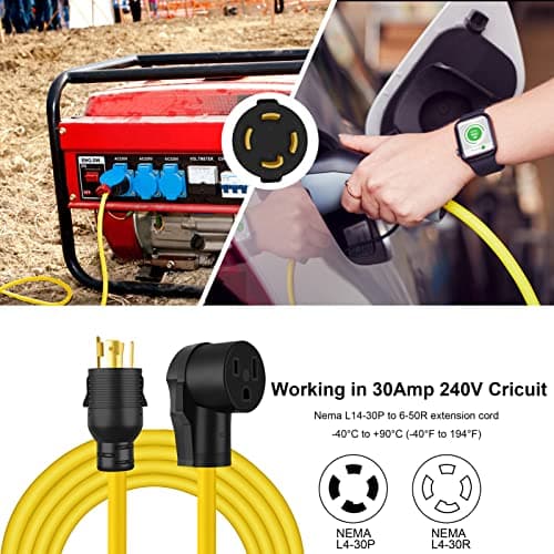 10 FT NEMA L14-30P to 6-50R Yellow Extension Cord, 3 Prong to 4 Prong Welder Plug Adapter, Generator Locking Plug Connector to Welding 10AWG 30Amp.