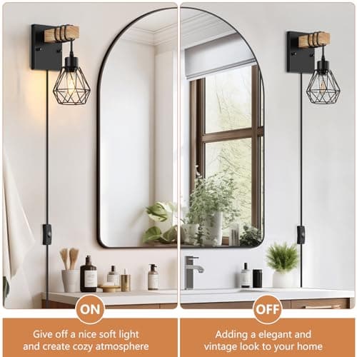 Plug in Wall Sconces Set of Two, Vintage Wood Wall Lamps with Plug in Cord, Farmhouse Wall Light Fixture with 5.25FT On/Off Switch Cord, Indoor Wall Lamp for Bedroom Living Room