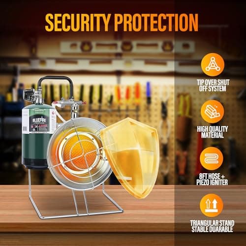 15,000 BUT Multi-Use Portable Propane Heater/Cooker, Outdoor Gas Heater with 8 FT Hose Piezo Ignitor Tip-over Protection Propane Heater for Garage, Patio, Camping, Hunting, Ice Fishing