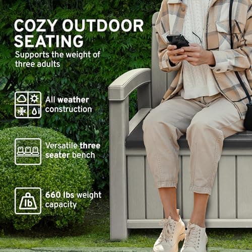 EconoHome 3 Seat Outdoor Storage Bench - 90 Gallon Capacity - Weatherproof Resin Bench for Patio, Porch, Garden, Yard, Pool Area - Furniture for Pool Accessories, Gardening Tools, Toys
